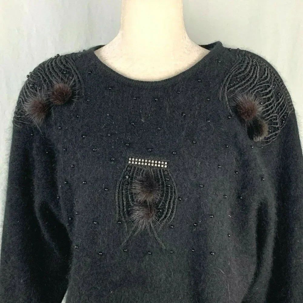Vintage 80s Angora Sweater S Black Beaded